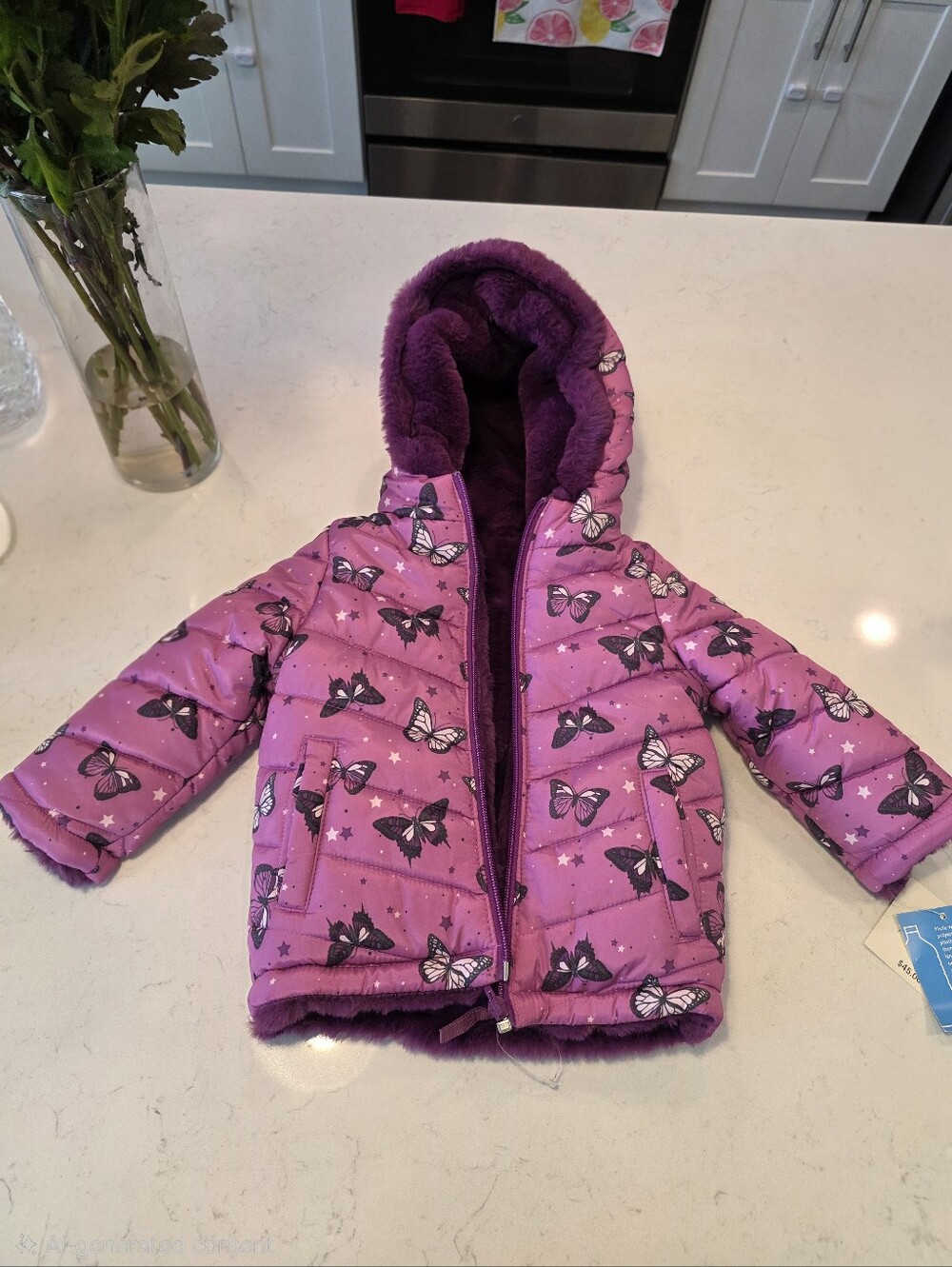 Falls Creek Kids Girls Butterfly Puffer Jacket 18M NWT Faux Fur Lined Hooded Pur
